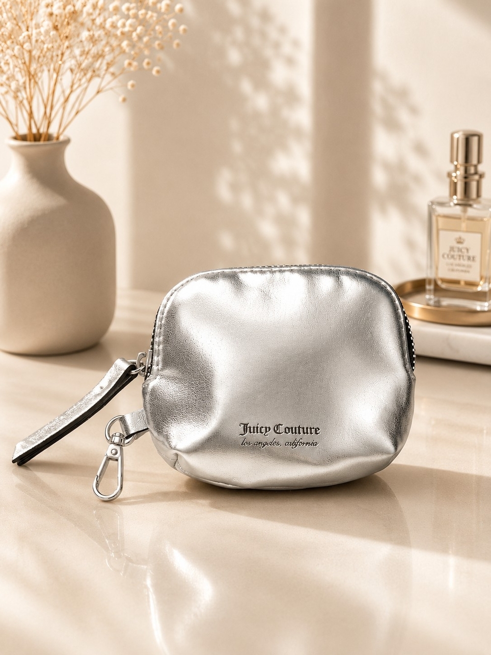 Juicy Couture Silver Metallic Mini Coin Pouch Keychain